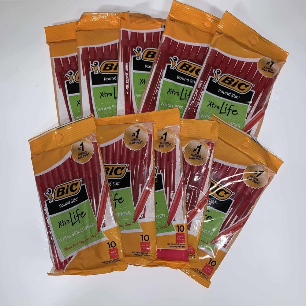 BIC Round Stic Xtra Life Ballpoint Pens, Red ink 100pcs, 10pk